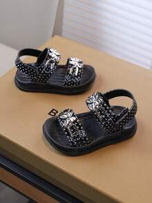 2025 Summer New Metal Flower & Rhinestone Sandals For Girls, Hook And Loop Soft Non-Slip Breathable Beach Shoes, Toddler & Little Kids Casual Shoes - Black - View 3