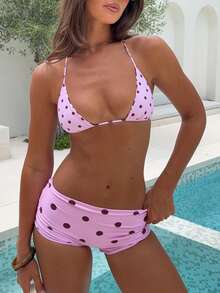 Women's Summer Polka Dots Print Bikini Sets 2 Piece Fitted Swimsuit Halter Tie Four Corners Swim Trunks Bathing Suit Swimwear Cute Aesthetic - Hồng - Xem 6