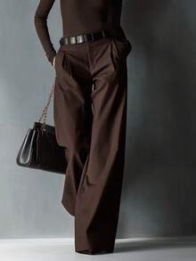 1pc Women's Casual Straight Solid Color Pants, Comes With 1 Belt Spring - Coffee Brown - View 3