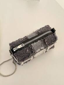 1pc Fashion Frayed Fabric Women's Shoulder Crossbody Small Square Bag, Large Capacity Daily Mini Backpack, Personalized Quirky Travel Vacation Beach Chain Bag - Black - View 6