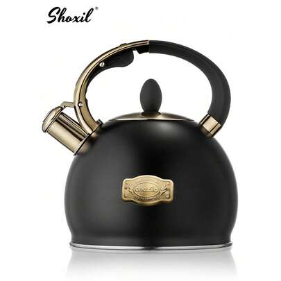 shoxil 1个3升豪华不锈钢茶壶，可作茶壶、咖啡壶、水壶使用，防尘鸣笛设计，耐热，加厚底座，金色装饰铭牌，适用于家庭、咖啡店