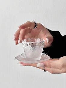 1pc Premium Glass Tea Cup & Saucer Set, Japanese Mushroom-Shaped Cup For Gongfu Tea, Personal Tea Cup With Transparent Frosted Mist Design - Multicolor - View 5