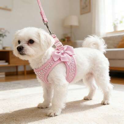 Soft Breathable Dog Harness With Rhinestone Decor, Black & Pink Strap Leash, Comfortable Pet Collar