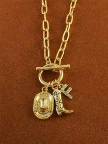 1pc Retro Classic Letter Western Cowboy Hat Pendant, With Gold Stainless Steel Paperclip Chain, Women Necklace - Yellow Gold - View 28