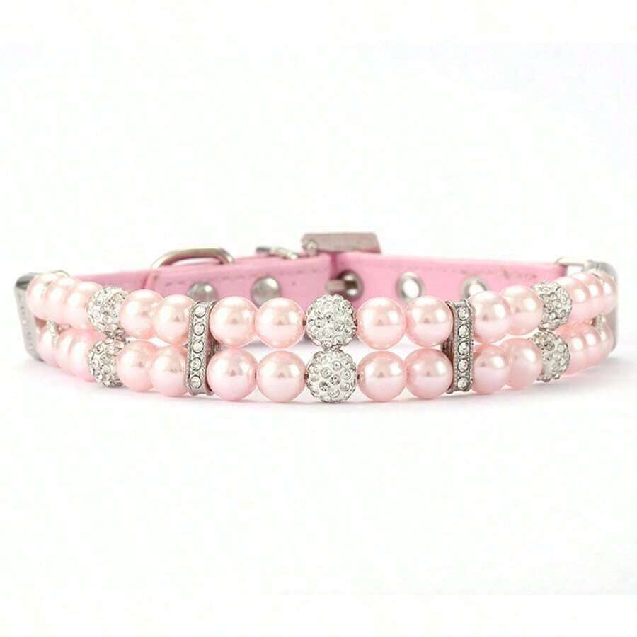 1pc Faux Pearl & Rhinestone Decor Pet Collar - Hồng - Xem 1
