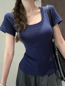 U-Neck Short Sleeve T-Shirt, Stretchy Slim Fit Solid Color All-Match Tee Casual Summer - Navy Blue - View 4