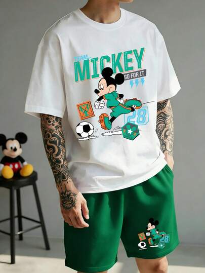 Disney Bộ đồ mặc nhà nam in hình chuột Mickey, gồm áo cổ tròn và quần short, thích hợp cho mùa xuân/hè.