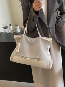 Women's Minimalist Color Block Fringe Zipper Decor Tote Bag - White - View 7