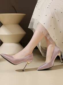 方头铆钉玛丽珍鞋，百搭黑色高跟鞋，时尚性感红色漆皮粗跟女式高跟鞋 - 粉色 - 查看 5