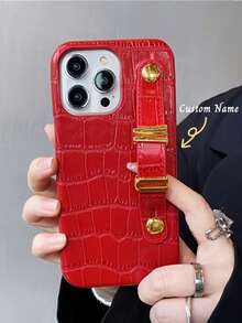 个性化奢华仿鳄鱼皮金属3D字母腕带手机壳，兼容苹果17、16、15、14、13、12、11 Pro Max、14、15、16 Plus、17，时尚DIY礼品手机配件 - 淺藍色 - 查看 11