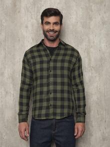 Men's Flannel Plaid Shirt, Long Sleeve Blouse - 軍綠色 - 查看 5
