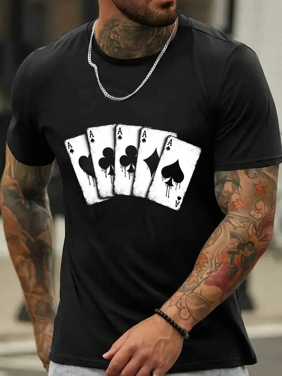 Camiseta de Verano para Hombre de Mezcla de Algodón - Estampado As de Espadas. Tejido de punto microelástico. Corte Regular, Estilo Casual. Negro con diseño de tarjeta blanca. Ligero; Transpirable para Ropa Casual - Negro - Ver 1