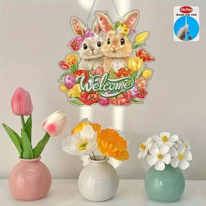 2D 플랫 DIY 다이아몬드 페인팅 걸이형 플라크, 부활절 토끼 & 백합, DIY 장식 세트, 선물, 휴일 장식, 햇빛에 눈부심