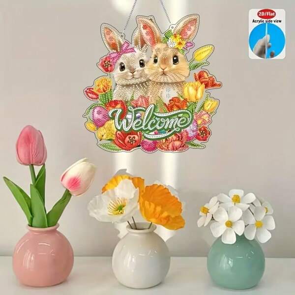 Placa colgante de pintura de diamantes 2D plana DIY, Conejito de Pascua y Lirio, Juego de decoración DIY, Regalo, Decoración festiva, Impresionante a la luz del sol
