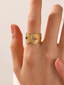 1pc 18K Gold Plated Stainless Steel Geometric Striped Ring, Suitable For Women's Daily Wear - Gold - View 8