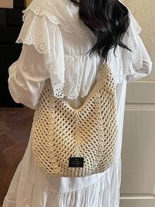 镂空编织新月包,休闲时尚草编包,慵懒单肩包,夏季百搭手提包,日式慵懒针织包,透气网布包,撞色水桶包,大容量可调节肩带,度假风沙滩包,复古米色编织包 - 彩色 - 查看 6