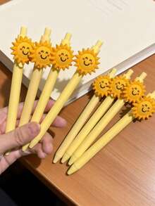6pcs Black Sunflower Ballpoint Pens, 0.5mm Retractable Quick-Drying Ink Pens Suitable For Students - Sunflower - View 7
