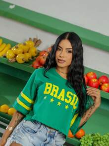 Cropped T-Shirt Brazil Top Blouse  Women's World Cup Women's National Team Look Brazilian Fans - màu xanh lá - Xem 1