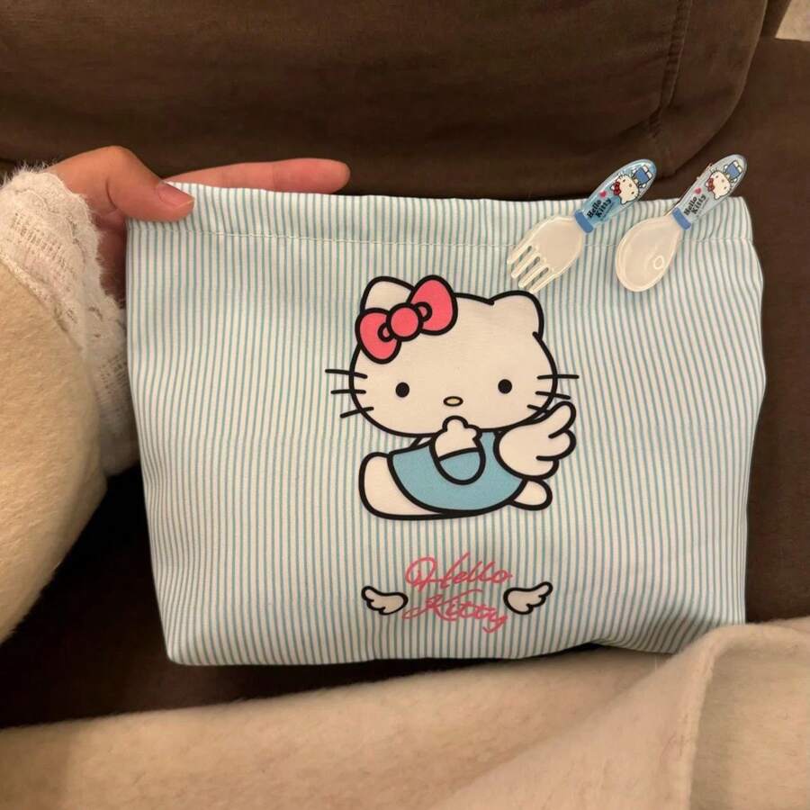 SANRIO 1 túi đựng mỹ phẩm, túi đựng đồ trang điểm kẻ sọc xanh dễ thương, túi đựng mỹ phẩm cầm tay hình mèo hoạt hình, không kèm kẹp tóc. - Nhiều màu - Xem 1