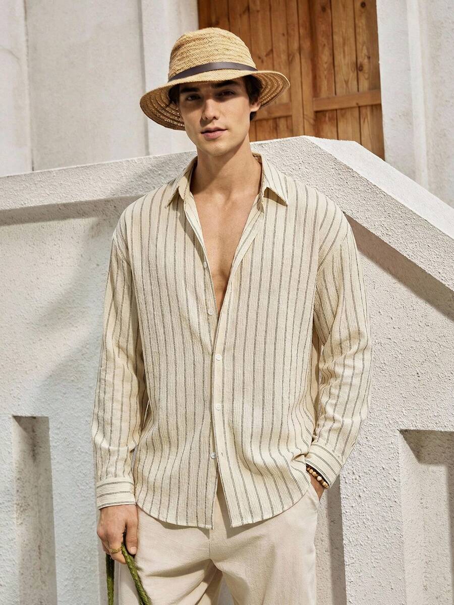 Mercer Haus Men's Breathable Knit Casual Classic Striped Button-Up Shirt, Versatile For Daily, Office, And Evening Wear, Lightweight And Comfortable, An Excellent Gift For Boyfriend Or Husband, Long Sleeve Top , Suitable For Summer Tropical Holiday Vacation In Hawaii. - Multicolor - View 1