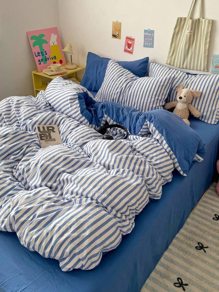 3pcs/Set, Simple Blue & White Striped Korean Style Duvet Cover Set (1 Duvet Cover + 2 Pillowcases, Comforter & Pillow Inserts Not Included), Washed Synthetic Fiber, Full Size, Soft & Comfortable, Suitable For Dorm, Home Bedroom, Hotel, All Seasons, Zipper Closure, Multi-Color Durable, Oversized Bedding Set - 藍色 - 查看 11