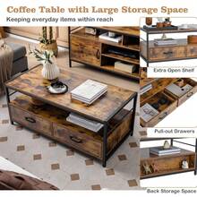 COSTWAY Industrial Coffee Table With Storage, Living Room Rectangular Center Cocktail Table W/ 2 Drawers & Open Shelf, Accent Sofa Console Table W/ Sturdy Metal Frame & Wooden Top, Rustic Brown - Brown - View 8