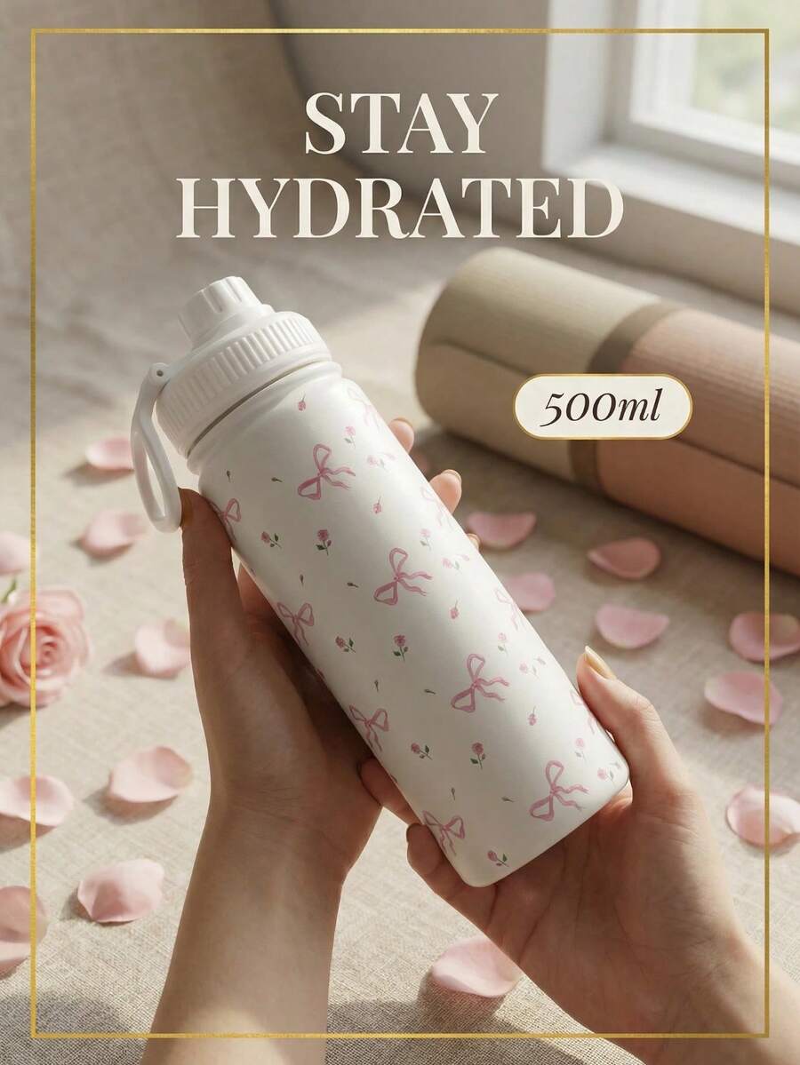 500ml Thermal Insulated Cup With Handle, Bow And Rose Print, Dual Use Sip Lid, Leakproof Lockable Lid, Stainless Steel Sports Water Bottle - Multicolor - View 1
