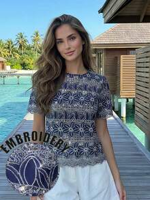 Embroidered Short Sleeve Blouse, Slimming & Unique Design, Spring/Summer 2026 New Arrival - Navy Blue - View 1