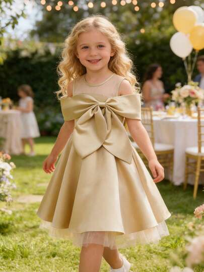 EHOMKIDS Girls' Satin Princess Dress, High-End Fashionable Champagne Color Knee-Length Birthday Party Dress For Toddlers