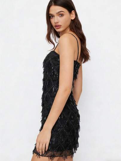 Womens Sequin Tassel Fringe Party Dress Sleeveless Spaghetti Straps Flapper Dresses Sparkle Glitter Cocktail Mini Dress