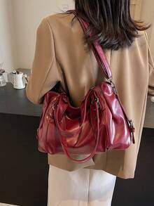 Retro Minimalist Large Capacity Fashion Student/Work Commute Tote Bag - Red - View 7