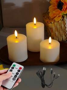 3pcs Rechargeable LED Candle Lights With Remote Control And Timer, Plastic Pillar Design, Suitable For Home Decor, Wedding, Table Centerpiece - White - View 1