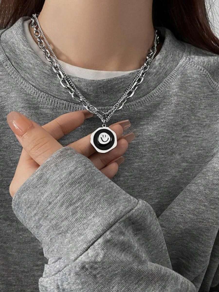1 pieza Collar con colgante de cara sonriente de doble capa de acero inoxidable, dulce y elegante moda para mujer - Plateado - Ver 1