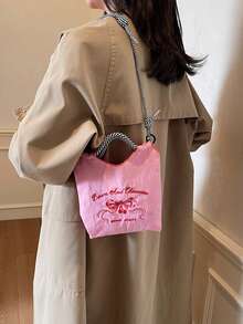 Bolso de tela de nailon con bordado de mariposa, estilo dulce de niña. Bolso de hombro con correa tejida en blanco y negro. - Rosa - Ver 4