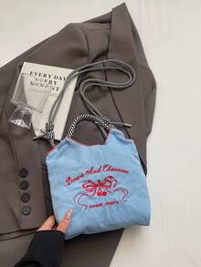 Sweet Girl Style Butterfly Embroidery Nylon Bag, Black & White Woven Strap Tote Shoulder Bag - Blue - View 6