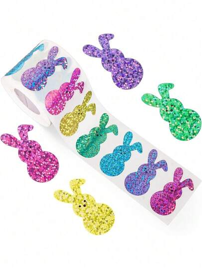 500张/卷 激光兔子贴纸，卡通激光复活节贴纸，标签办公文具装饰封条贴纸，适用于复活节和节日装饰