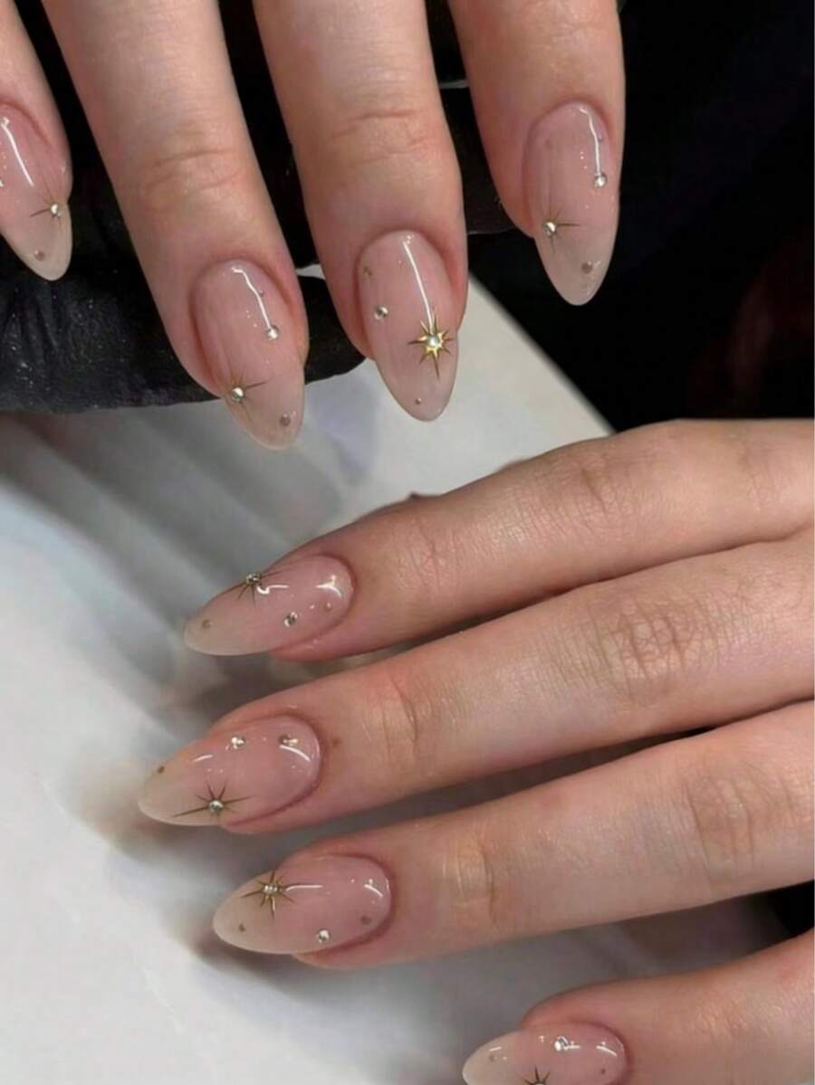 24片Y2K风格杏仁形水钻美甲贴纸，完美适配亚克力假指甲，包含1片果冻胶和1个指甲锉，杏仁形指甲适合女性和女孩日常佩戴、锐舞派对等场合。 - 彩色 - 查看 1