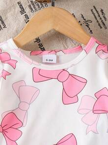 2pcs Baby Girl Casual Fashionable Butterfly Print Short Sleeve T-Shirt Top And 3D Bow Denim Long Pants Set - Pink - View 3
