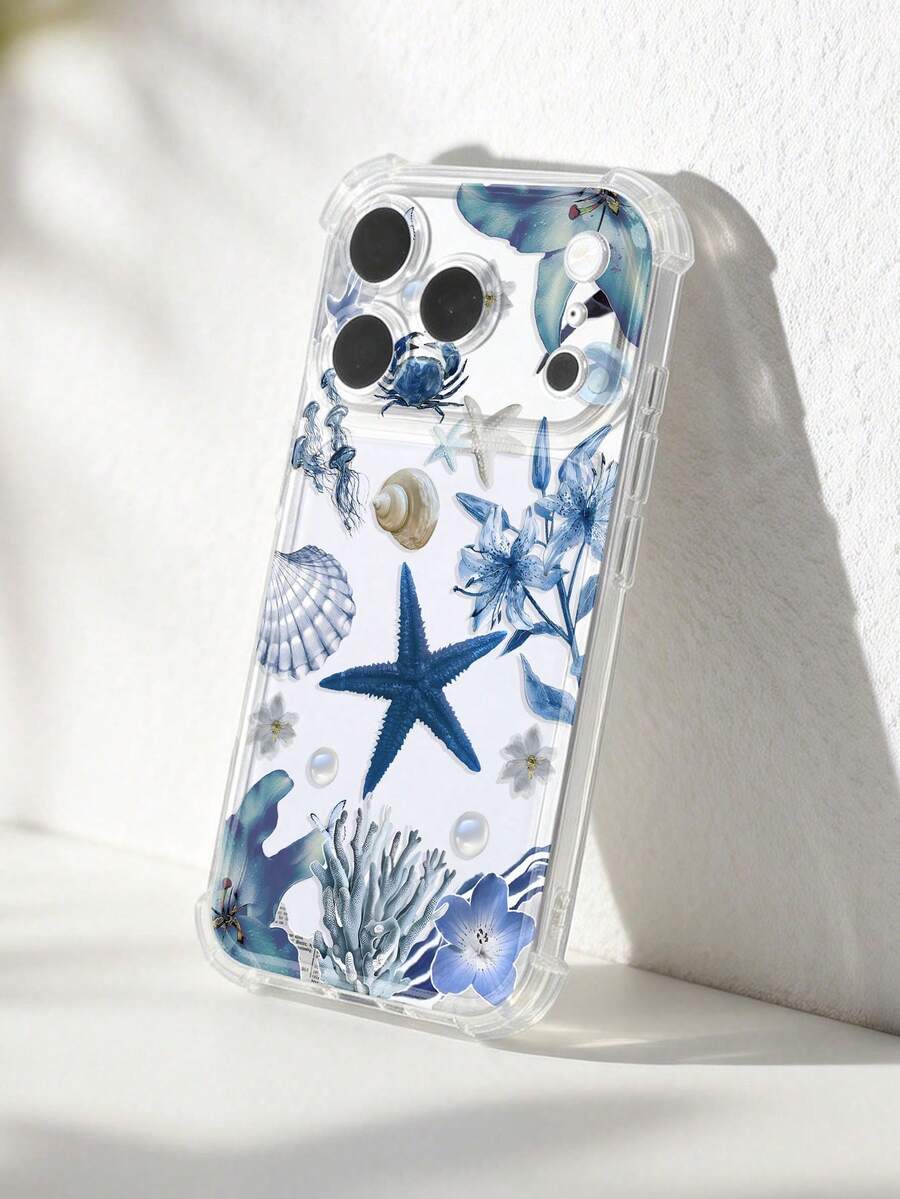 1个夏季治愈系海洋生物与花卉图案手机壳，防摔加厚透明保护套，兼容三星A05、A05S、A13、A14、A15、A53、A54、A55、A56、S22、S23、S24、S25、11、12、13、14、15、16、17 Pro Max - 彩色 - 查看 1