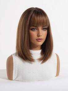 12 Inch Machine Made Heat Resistant Synthetic Wig With Bangs, Light Brown Highlight Layered Bob Wig For Daily Wear & Party Looks - Brown - View 5