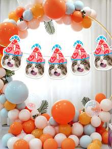 7/14/21件套定制宠物生日照片横幅，个性化猫狗照片花环配粉色派对帽设计，定制宠物脸部生日横幅（含年龄），一周岁生日派对礼物，宠物领养日房间装饰，宠物爱好者派对装饰，宠物爱好者/主人趣味照片横幅，快乐小狗，幼犬必备 - 彩色 - 查看 4