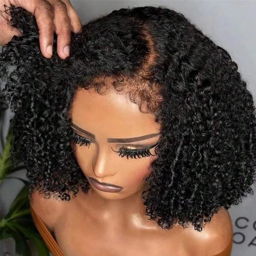 Curly Human Hair Wig With Bangs 13x4 Lace Short Water Wave Curly Glueless Wigs Layered Bob Wig Human Hair 250% Density Ready To Wear Wigs Glueless Human Hair For Women (12 Inch 1B Black) - Natural Black - 查看 1