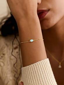 1pc S925 Sterling Silver Bracelet, Gold Bracelet, Opal Bracelet, Exquisite Opal Jewelry, Simple Gold Bead Chain, October Birthstone, Elegant Mother's Bracelet, Christmas Gift, Charming Jewelry. - Multicolor - View 9
