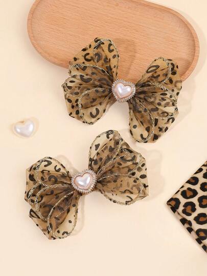 2个豹纹发夹，心形珍珠蝴蝶结鳄鱼夹，优雅棕色豹纹网状发夹，时尚动物图案女士发饰
