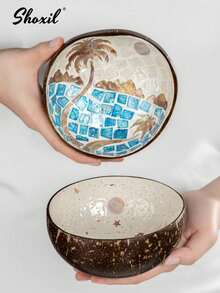 shoxil 1pc Coconut Shell Bowl, Round, Vintage Painted Style, Suitable For Holding Snacks And Fruits, Applicable For Kitchen, Yard, Party, Outdoor Picnic, Holiday Dining Table Decor, Handmade Gift - Shell Coconut Bowl - View 2
