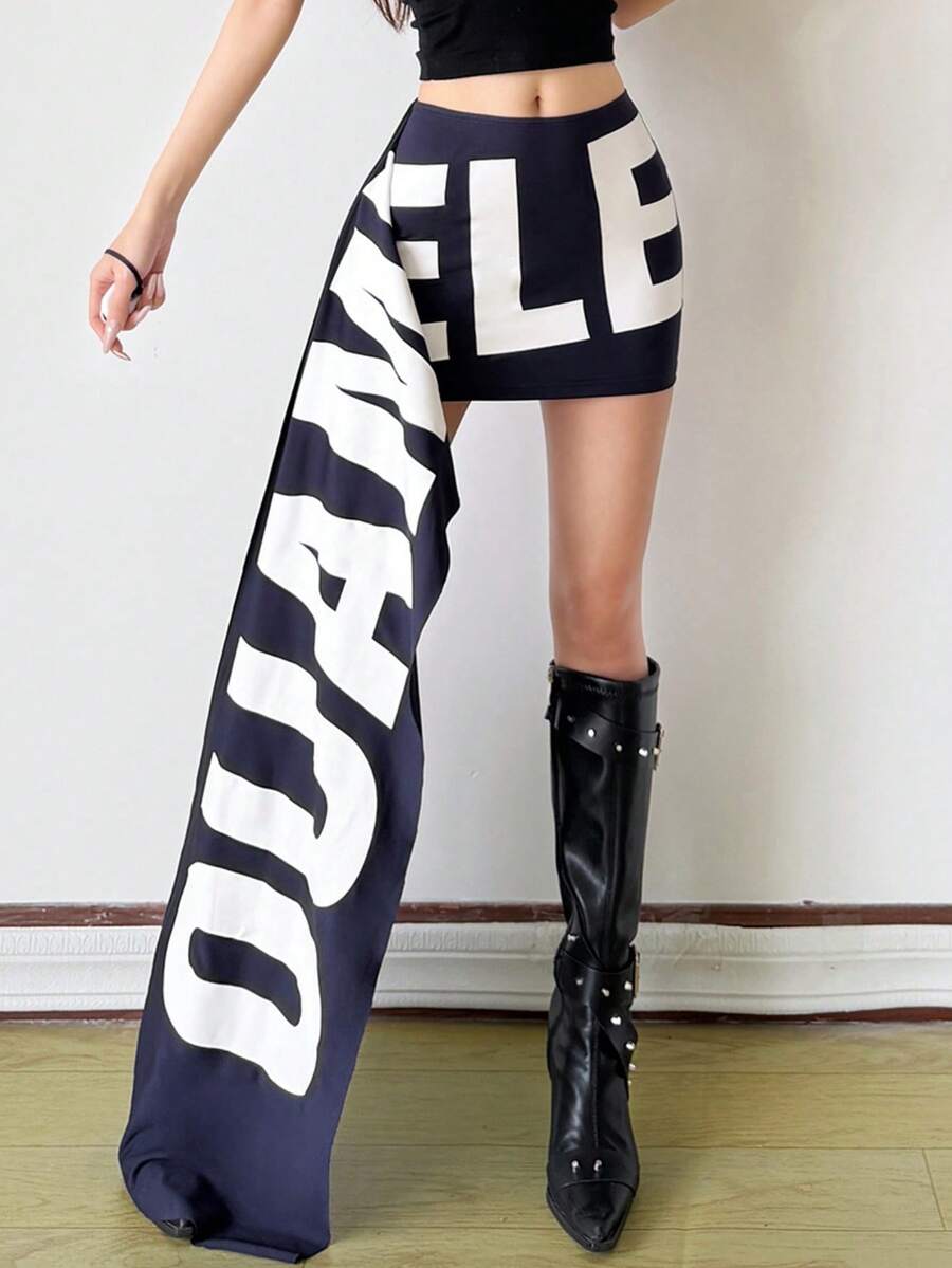 不对称下摆字母印花时尚迷你裙 - 藍色 - 查看 1