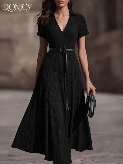 DONICY Women's Black Shirt Collar Maxi Dress, Elegant Short Sleeve Belted A-Line Dress With Ribbed Texture For Spring Summer Daily & Office Wear