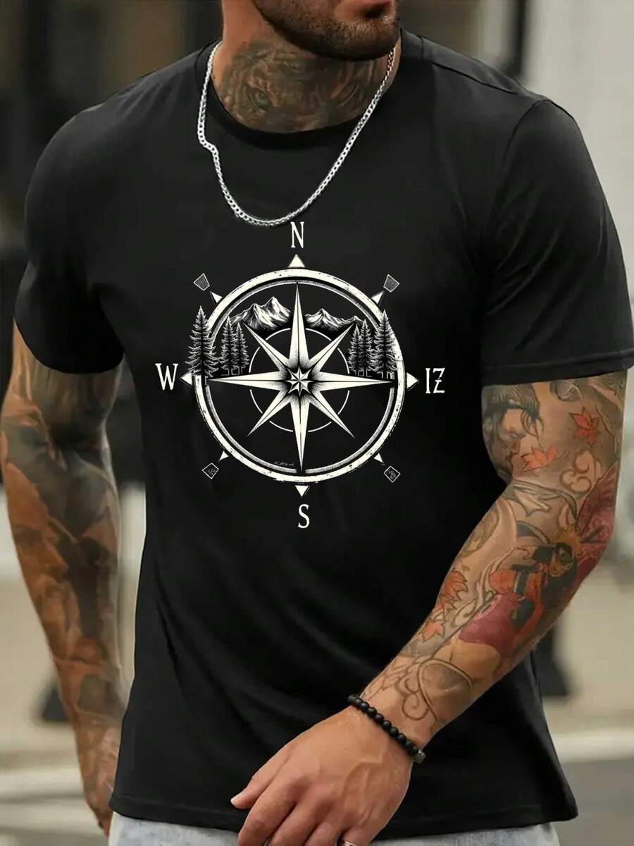 Camiseta de Verano para Hombre de Mezcla de Algodón con Diseño de Brújula y Montaña - Casual. Cuello redondo. Corte Regular. Ropa Casual, Camisa con Estampado de Brújula, Camisa de Ajuste Cómodo - Negro - Ver 1
