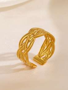 1pc Stainless Steel Fashionable Criss-Cross Open Ring, Suitable For Daily Wear - Gold - View 3