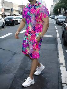 Two-Piece, Colorful And Eye-Catching, Knitted Fabric, Full Of Color, Men's Casual Outing, Summer Casual Outing, Pink And Purple Colorful Floral, Men's Short-Sleeve Beach Pants Set - 彩色 - 查看 1